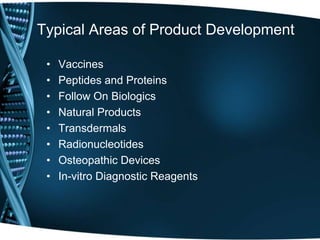 Typical Areas of Product Development

 •   Vaccines
 •   Peptides and Proteins
 •   Follow On Biologics
 •   Natural Products
 •   Transdermals
 •   Radionucleotides
 •   Osteopathic Devices
 •   In-vitro Diagnostic Reagents
 