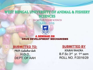 FACULTY OF FISHERY SCIENCES
A SEMINAR ON
DRUG DEVELOPMENT MECHANISMS
SUBMITTED BY
SOURAVBHADRA
B.F.Sc 3rd yr. 1st sem
ROLL NO. F/2016/29
SUBMITTED TO:
PROF. Gadadhar dash
H.O.D.
DEPT. OF AAH
 