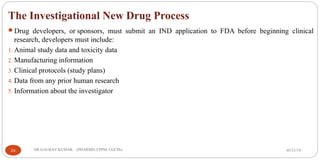 The Investigational New Drug Process
Drug developers, or sponsors, must submit an IND application to FDA before beginning clinical
research, developers must include:
1. Animal study data and toxicity data
2. Manufacturing information
3. Clinical protocols (study plans)
4. Data from any prior human research
5. Information about the investigator
05/21/1924 DR.GAURAV KUMAR (PHARMD, CPPM, CGCPh)
 