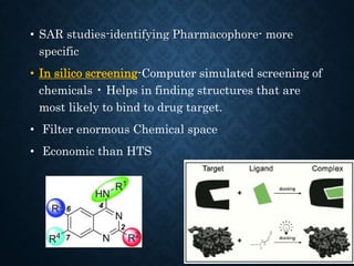 • SAR studies-identifying Pharmacophore- more
specific
• In silico screening-Computer simulated screening of
chemicals • Helps in finding structures that are
most likely to bind to drug target.
• Filter enormous Chemical space
• Economic than HTS
 