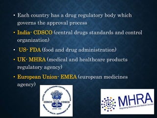 • Each country has a drug regulatory body which
governs the approval process
• India- CDSCO (central drugs standards and control
organization)
• US- FDA (food and drug administration)
• UK- MHRA (medical and healthcare products
regulatory agency)
• European Union- EMEA (european medicines
agency)
 