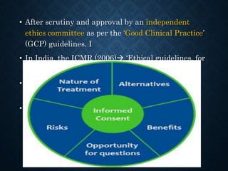 • After scrutiny and approval by an independent
ethics committee as per the ‘Good Clinical Practice’
(GCP) guidelines. I
• In India, the ICMR (2006) ‘Ethical guidelines, for
biomedical research on human participants:
• A written Informed consent of the patient/trial
subject
• .
 