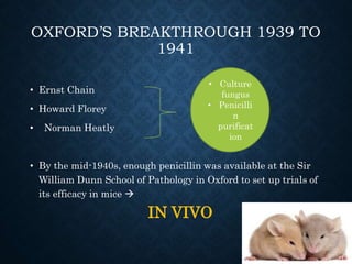 OXFORD’S BREAKTHROUGH 1939 TO
1941
• Ernst Chain
• Howard Florey
• Norman Heatly
• By the mid-1940s, enough penicillin was available at the Sir
William Dunn School of Pathology in Oxford to set up trials of
its efficacy in mice 
• Culture
fungus
• Penicilli
n
purificat
ion
IN VIVO
 