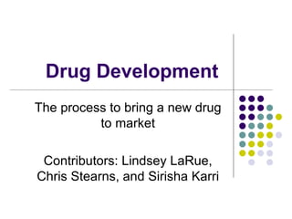 Drug Development  The process to bring a new drug to market Contributors: Lindsey LaRue, Chris Stearns, and Sirisha Karri 