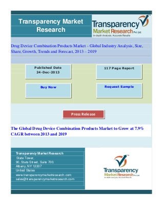 Transparency Market
Research
Drug Device Combination Products Market - Global Industry Analysis, Size,
Share, Growth, Trends and Forecast, 2013 – 2019
The Global Drug Device Combination Products Market to Grow at 7.9%
CAGR between 2013 and 2019
Transparency Market Research
State Tower,
90, State Street, Suite 700.
Albany, NY 12207
United States
www.transparencymarketresearch.com
sales@transparencymarketresearch.com
117 Page ReportPublished Date
24-Dec-2013
Buy Now Request Sample
Press Release
 
