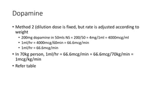 Dopamine
• Method 2 (dilution dose is fixed, but rate is adjusted according to
weight
• 200mg dopamine in 50mls NS = 200/50 = 4mg/1ml = 4000mcg/ml
• 1ml/hr = 4000mcg/60min = 66.6mcg/min
• 1ml/hr = 66.6mcg/min
• In 70kg person, 1ml/hr = 66.6mcg/min = 66.6mcg/70kg/min =
1mcg/kg/min
• Refer table
 