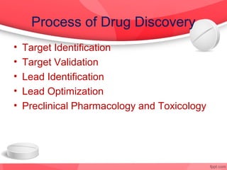Process of Drug Discovery
•   Target Identification
•   Target Validation
•   Lead Identification
•   Lead Optimization
•   Preclinical Pharmacology and Toxicology
 