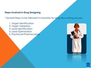 Steps Involved in Drug Designing
* Several Steps to be followed in Industries for drug discovering process
1. Target Identification
2. Target Validation
3. Lead Identification
4. Lead Optimization
5. Preclinical Pharmacology
 