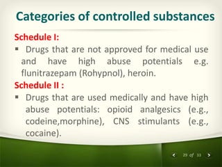 29 of 33
Categories of controlled substances
Schedule I:
 Drugs that are not approved for medical use
and have high abuse potentials e.g.
flunitrazepam (Rohypnol), heroin.
Schedule II :
 Drugs that are used medically and have high
abuse potentials: opioid analgesics (e.g.,
codeine,morphine), CNS stimulants (e.g.,
cocaine).
 