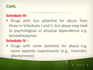 30 of 33
Cont.
Schedule III:
 Drugs with less potential for abuse than
those in Schedules I and II, but abuse may lead
to psychological or physical dependence e.g.
benzodiazepines.
Schedule IV :
 Drugs with some potential for abuse e.g.
some appetite suppressants (e.g., mazindol,
phentermine).
 
