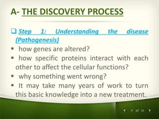 4 of 33
A- THE DISCOVERY PROCESS
 Step 1: Understanding the disease
(Pathogenesis)
 how genes are altered?
 how specific proteins interact with each
other to affect the cellular functions?
 why something went wrong?
 It may take many years of work to turn
this basic knowledge into a new treatment.
 