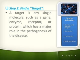 6 of 33
 Step 2: Find a “Target”:
 A target is any single
molecule, such as a gene,
enzyme, receptor, or
protein, which has a major
role in the pathogenesis of
the disease.
 