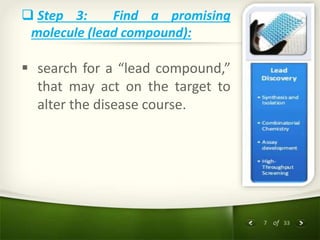 7 of 33
 Step 3: Find a promising
molecule (lead compound):
 search for a “lead compound,”
that may act on the target to
alter the disease course.
 