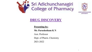 1
Presenting by:
Mr. Purushotham K N
Asst. Professor
Dept. of Pharm. Chemistry
2021-2022
DRUG DISCOVERY
 