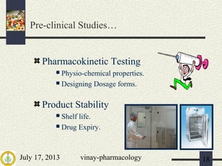 July 17, 2013 vinay-pharmacology 18
Pharmacokinetic Testing
 Physio-chemical properties.
 Designing Dosage forms.
Product Stability
 Shelf life.
 Drug Expiry.
Pre-clinical Studies…
 