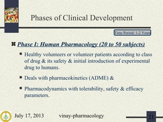 July 17, 2013 vinay-pharmacology 21
Phases of Clinical Development
Phase I: Human Pharmacology (20 to 50 subjects)
 Healthy volunteers or volunteer patients according to class
of drug & its safety & initial introduction of experimental
drug to humans.
 Deals with pharmacokinetics (ADME) &
 Pharmacodynamics with tolerability, safety & efficacy
parameters.
Time Period: 1-2 Years
 