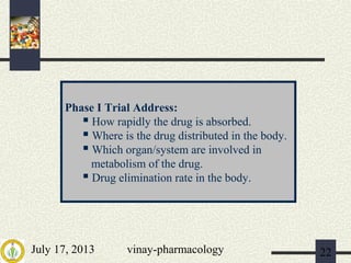 July 17, 2013 vinay-pharmacology 22
Phase 1 Trial Address:
 How rapidly the drug is absorbed.
 Where is the drug distributed in the body.
 Which organ/system are involved in
metabolism of the drug.
 Drug elimination rate in the body.
Phase 1 Trial Address:
 How rapidly the drug is absorbed.
 Where is the drug distributed in the body.
 Which organ/system are involved in
metabolism of the drug.
 Drug elimination rate in the body.
Phase I Trial Address:
 How rapidly the drug is absorbed.
 Where is the drug distributed in the body.
 Which organ/system are involved in
metabolism of the drug.
 Drug elimination rate in the body.
 