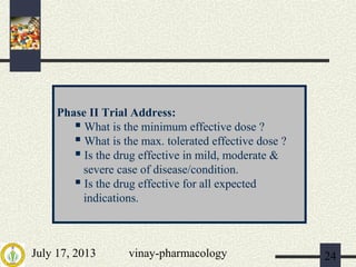 July 17, 2013 vinay-pharmacology 24
Phase II Trial Address:
 What is the minimum effective dose ?
 What is the max. tolerated effective dose ?
 Is the drug effective in mild, moderate &
severe case of disease/condition.
 Is the drug effective for all expected
indications.
 