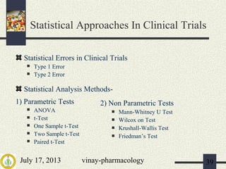 July 17, 2013 vinay-pharmacology 39
Statistical Errors in Clinical Trials
 Type 1 Error
 Type 2 Error
Statistical Analysis Methods-
1) Parametric Tests
 ANOVA
 t-Test
 One Sample t-Test
 Two Sample t-Test
 Paired t-Test
2) Non Parametric Tests
 Mann-Whitney U Test
 Wilcox on Test
 Krushall-Wallis Test
 Friedman’s Test
Statistical Approaches In Clinical Trials
 