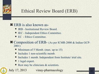 July 17, 2013 vinay-pharmacology 41
Ethical Review Board (ERB)
ERB is also known as-
 IRB - Institutional Review Board.
 IEC - Independent Ethics Committee.
 EC - Ethics Committee.
Composition of ERB- (As per ICMR-2000 & Indian GCP-
2001)
 Minimum of 5 Memb. (max. up to 15)
 Includes 1 non-scientific memb.
 Includes 1 memb. Independent from Institute/ trial site.
 1 legal expert.
 Rest may be clinicians & scientists.
 