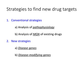 Strategies to find new drug targets
1. Conventional strategies
a) Analysis of pathophysiology
b) Analysis of MOA of existing drugs
2. New strategies
a) Disease genes
b) Disease-modifying genes
 
