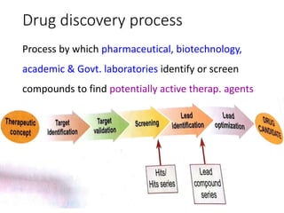 Drug discovery process
Process by which pharmaceutical, biotechnology,
academic & Govt. laboratories identify or screen
compounds to find potentially active therap. agents
 