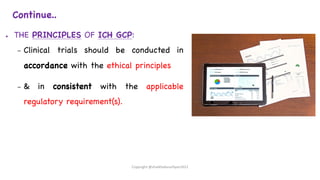 Continue..
● THE PRINCIPLES OF ICH GCP:
– Clinical trials should be conducted in
accordance with the ethical principles
– & in consistent with the applicable
regulatory requirement(s).
Copyright @shaikhabusufiyan2021
 