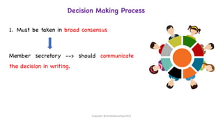 Decision Making Process
1. Must be taken in broad consensus
Member secretory --> should communicate
the decision in writing.
Copyright @shaikhabusufiyan2021
 