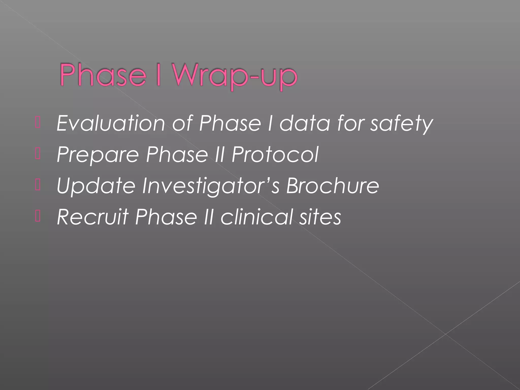  Evaluation of Phase I data for safety
 Prepare Phase II Protocol
 Update Investigator’s Brochure
 Recruit Phase II clinical sites
 