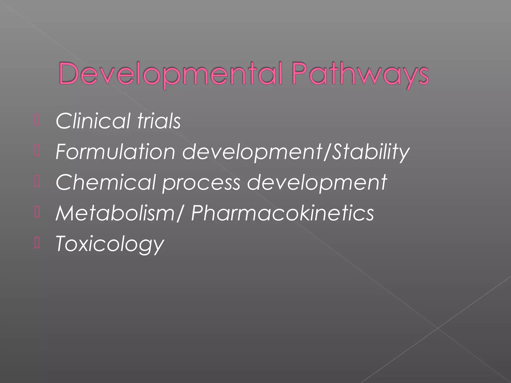  Clinical trials
 Formulation development/Stability
 Chemical process development
 Metabolism/ Pharmacokinetics
 Toxicology
 