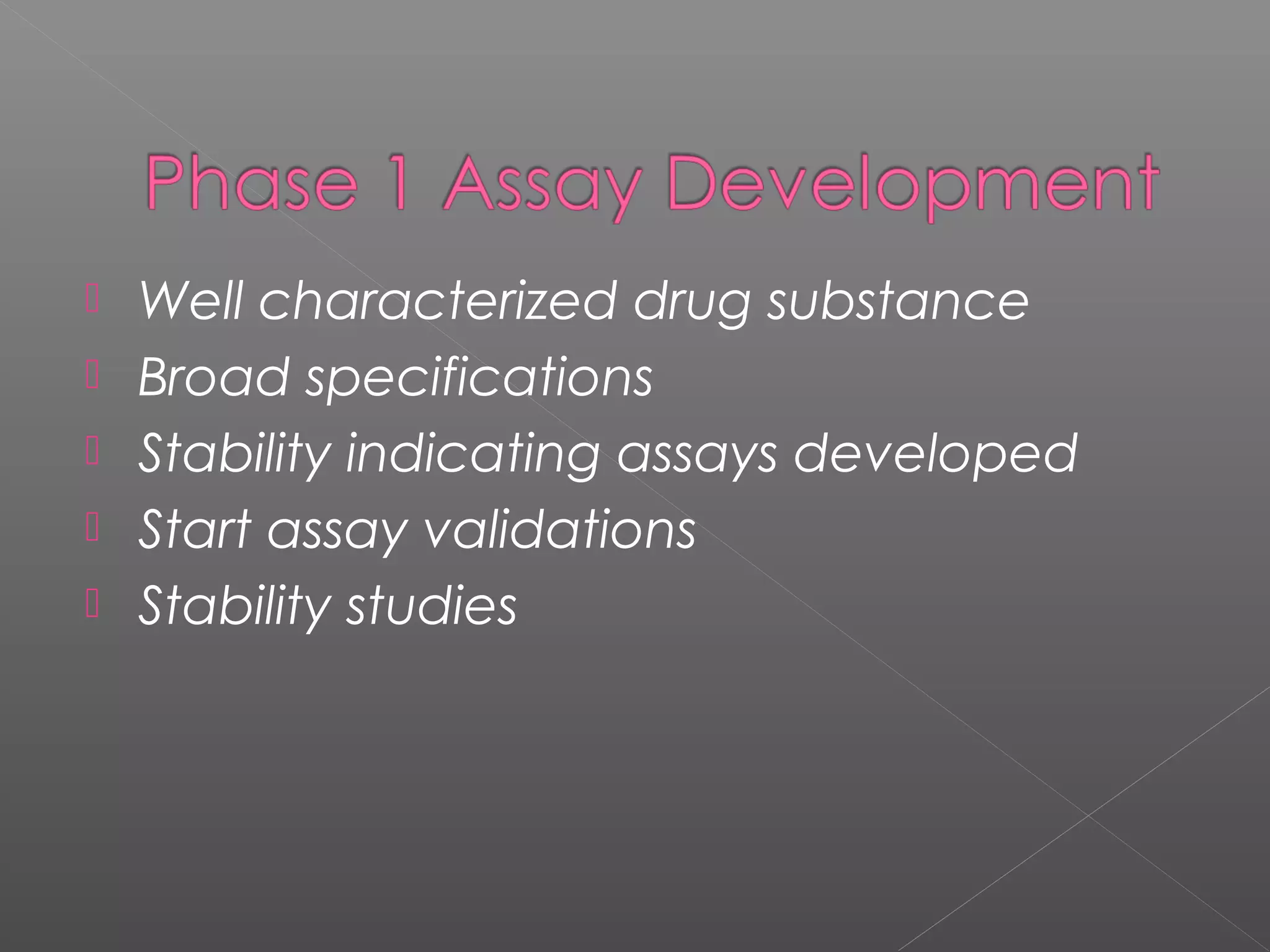  Well characterized drug substance
 Broad specifications
 Stability indicating assays developed
 Start assay validations
 Stability studies
 