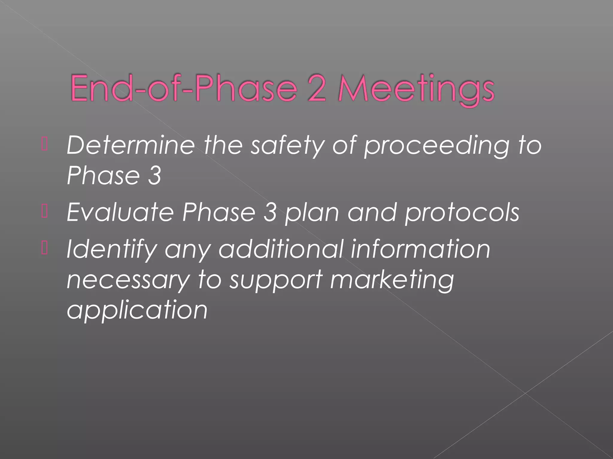  Determine the safety of proceeding to
Phase 3
 Evaluate Phase 3 plan and protocols
 Identify any additional information
necessary to support marketing
application
 