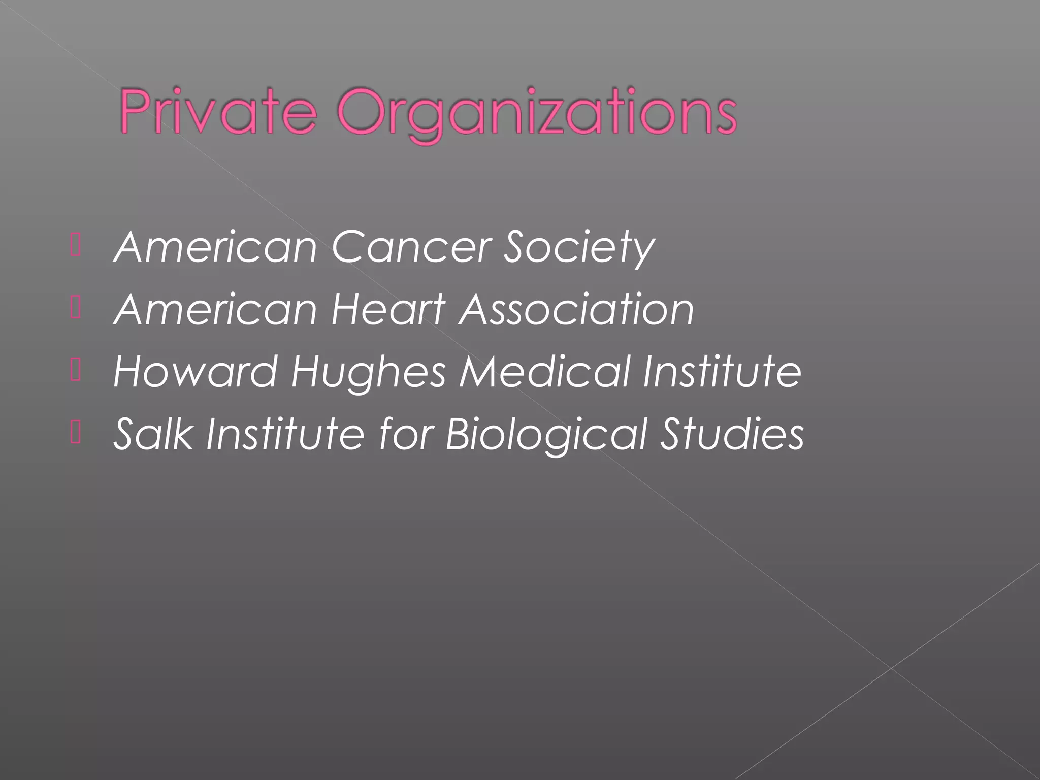  American Cancer Society
 American Heart Association
 Howard Hughes Medical Institute
 Salk Institute for Biological Studies
 