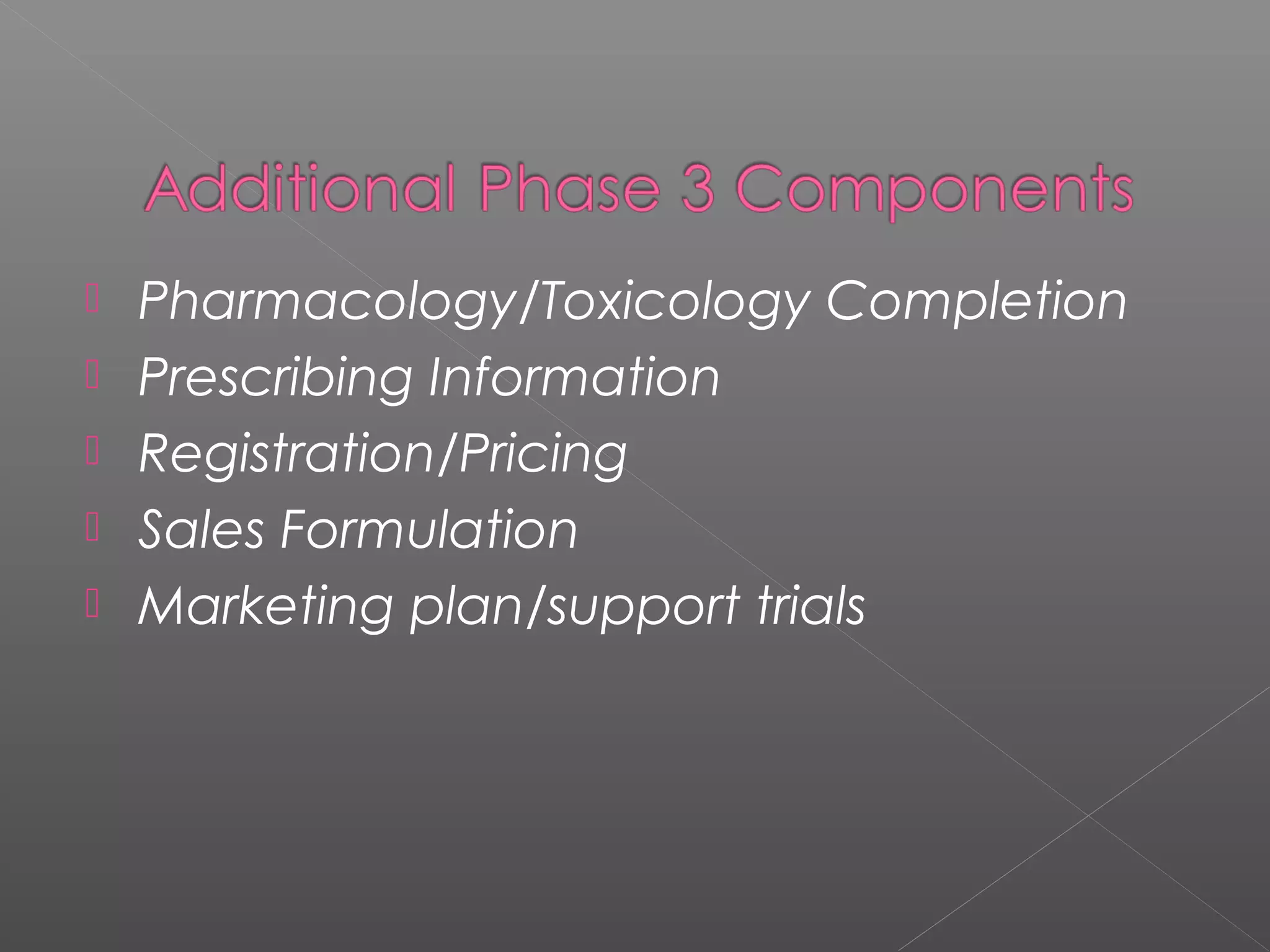  Pharmacology/Toxicology Completion
 Prescribing Information
 Registration/Pricing
 Sales Formulation
 Marketing plan/support trials
 