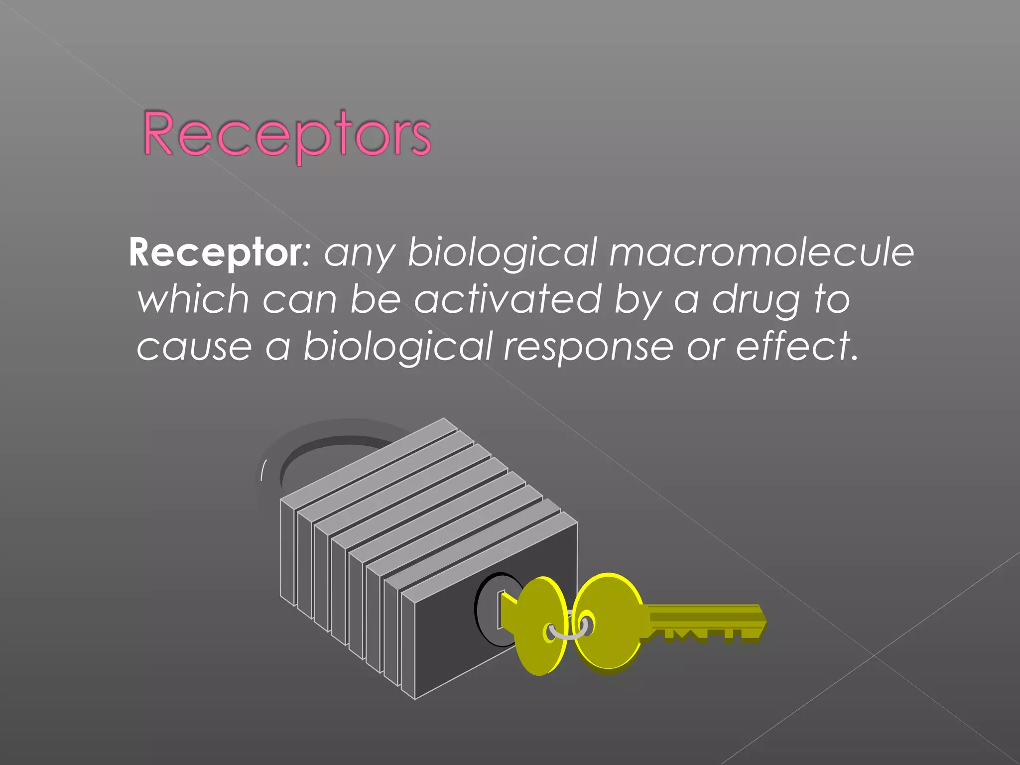 Receptor: any biological macromolecule
which can be activated by a drug to
cause a biological response or effect.
 