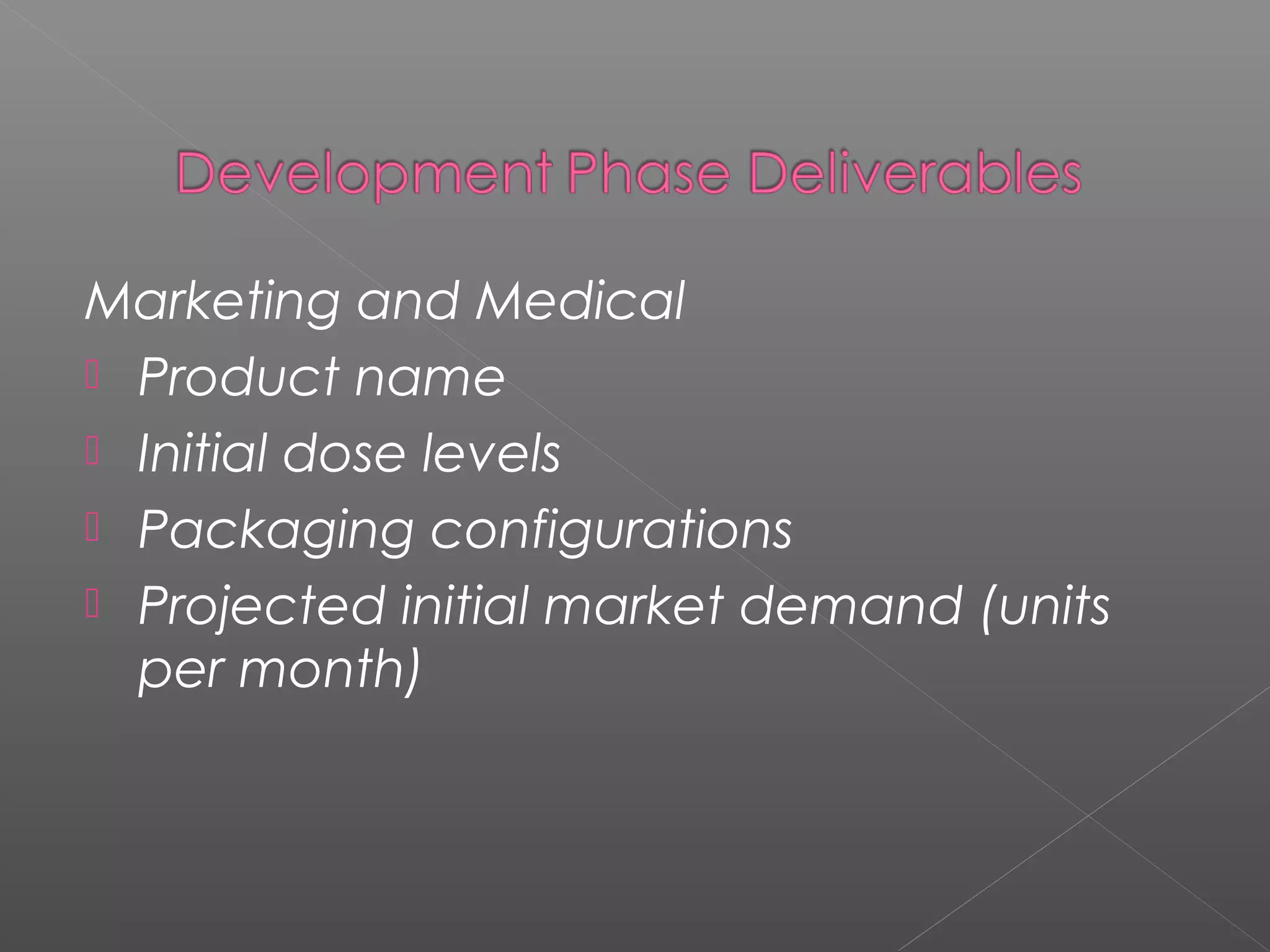 Marketing and Medical
 Product name
 Initial dose levels
 Packaging configurations
 Projected initial market demand (units
per month)
 