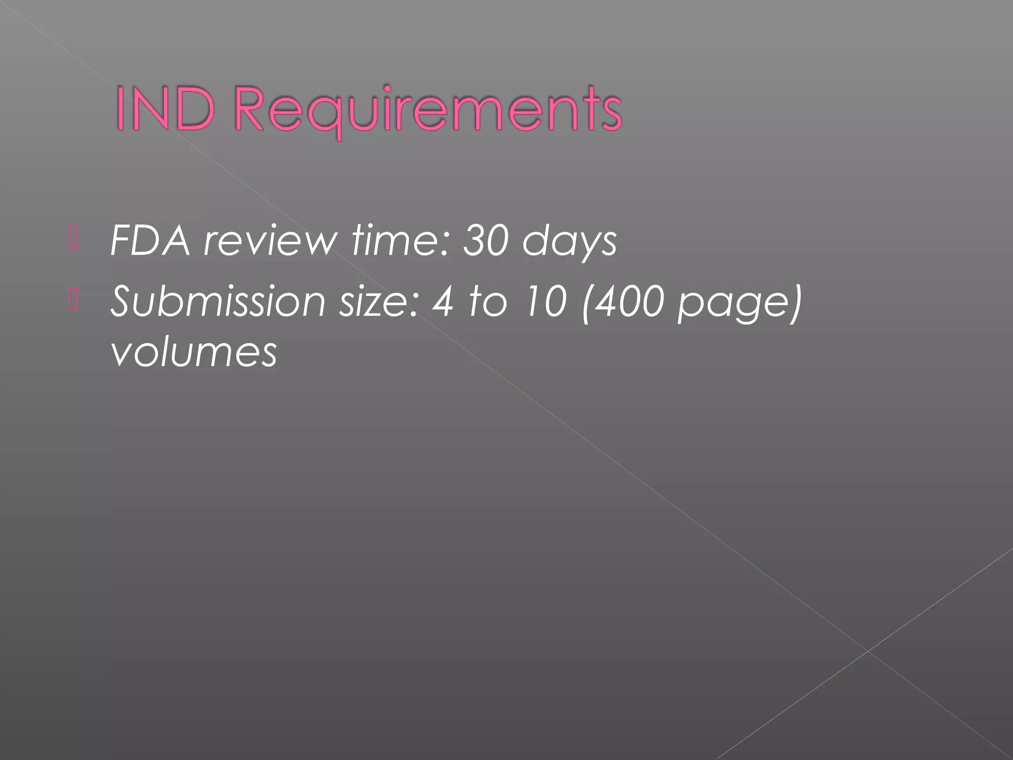  FDA review time: 30 days
 Submission size: 4 to 10 (400 page)
volumes
 