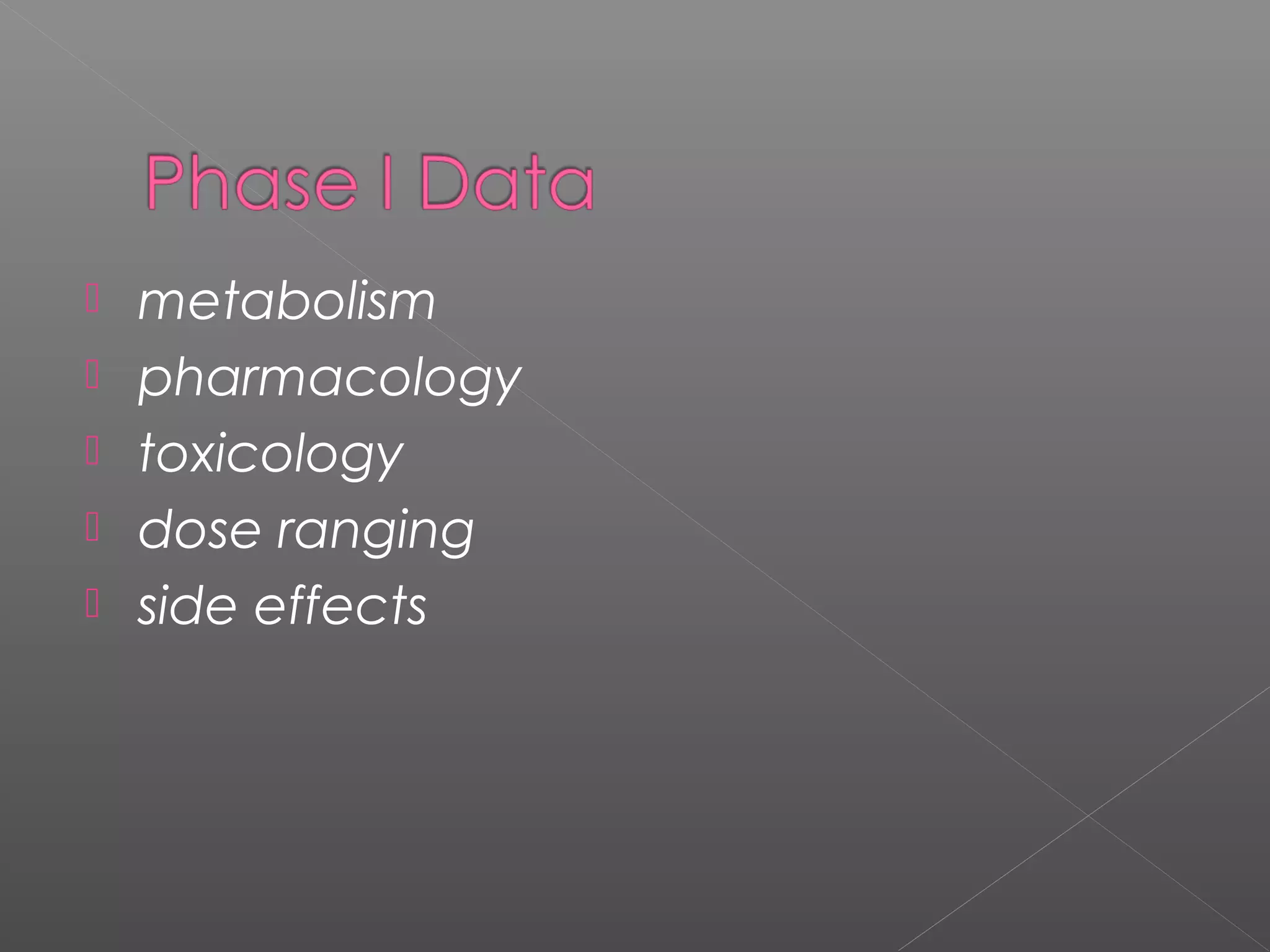  metabolism
 pharmacology
 toxicology
 dose ranging
 side effects
 