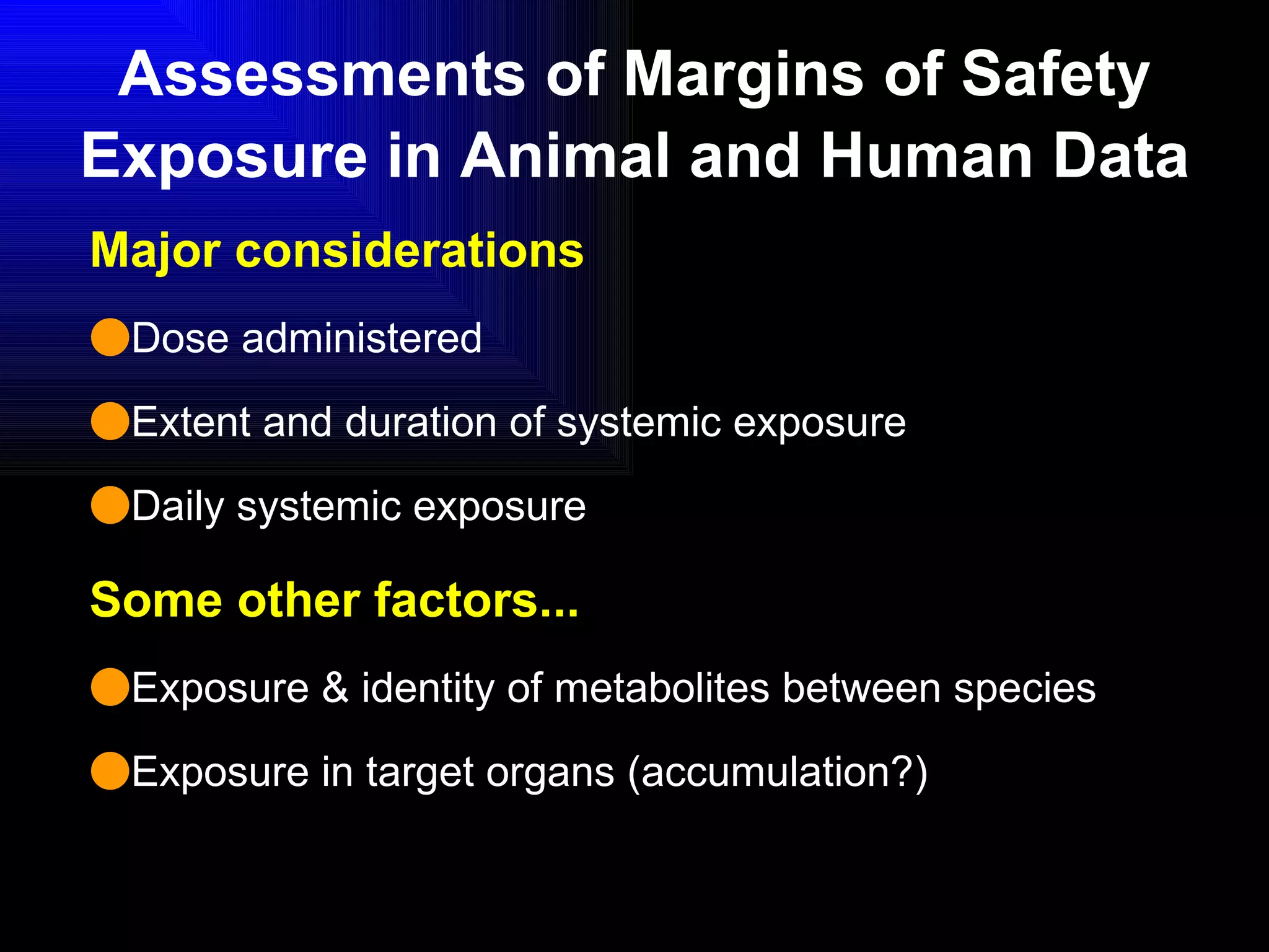 Assessments of Margins of Safety Exposure in Animal and Human Data Major considerations Dose administered Extent and duration of systemic exposure Daily systemic exposure Some other factors... Exposure & identity of metabolites between species Exposure in target organs (accumulation?) 