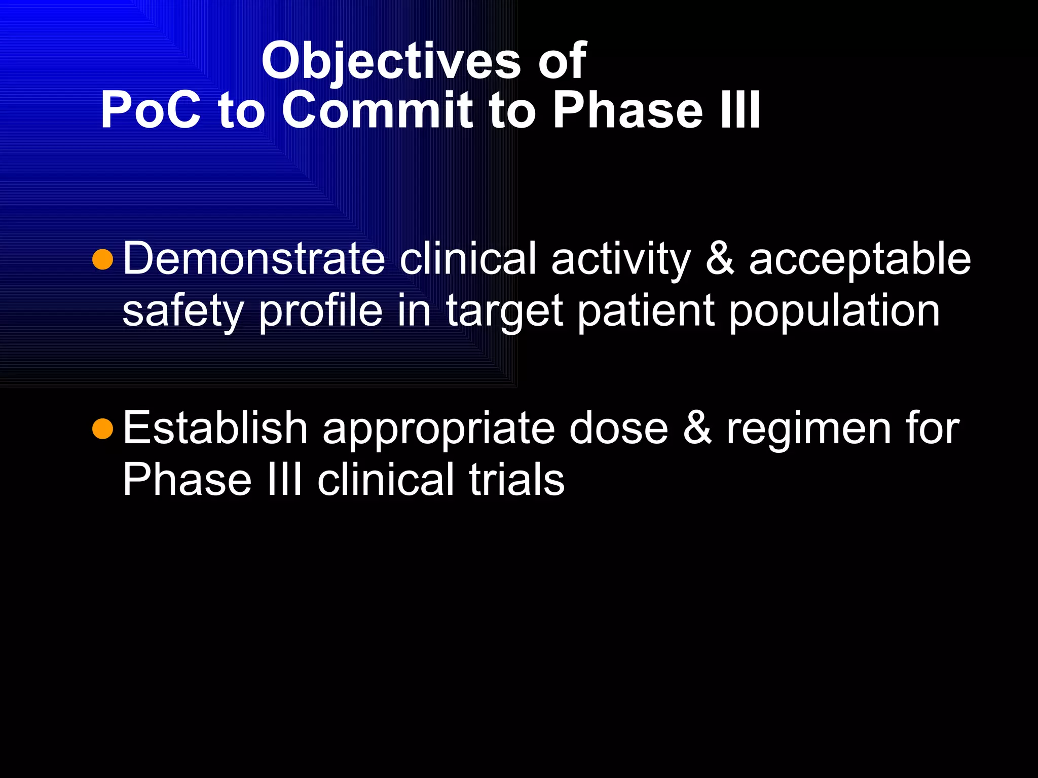 Objectives of  PoC to Commit to Phase III Demonstrate clinical activity & acceptable safety profile in target patient population Establish appropriate dose & regimen for Phase III clinical trials 