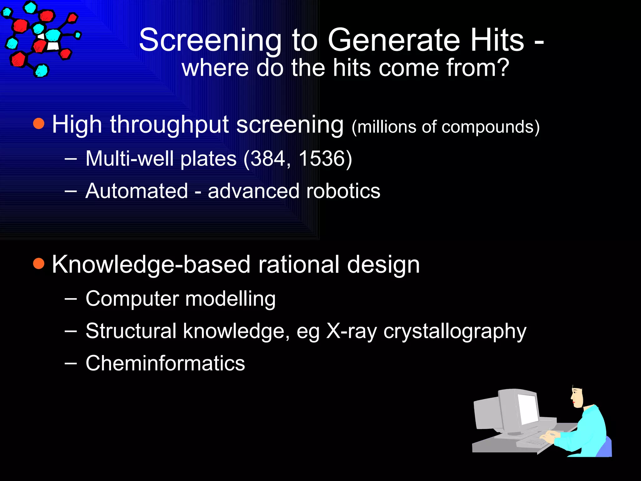Screening to Generate Hits -  where do the hits come from? High throughput screening  (millions of compounds) Multi-well plates (384, 1536) Automated - advanced robotics Knowledge-based rational design Computer modelling Structural knowledge, eg X-ray crystallography Cheminformatics 