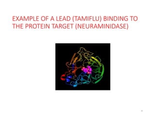 26
EXAMPLE OF A LEAD (TAMIFLU) BINDING TO
THE PROTEIN TARGET (NEURAMINIDASE)
 