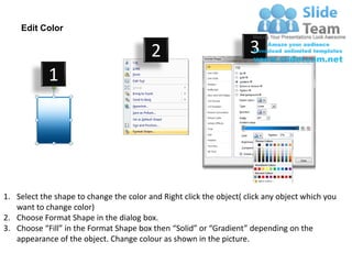 Edit Color

                                         2                           3
            1




1. Select the shape to change the color and Right click the object( click any object which you
   want to change color)
2. Choose Format Shape in the dialog box.
3. Choose “Fill” in the Format Shape box then “Solid” or “Gradient” depending on the
   appearance of the object. Change colour as shown in the picture.
 