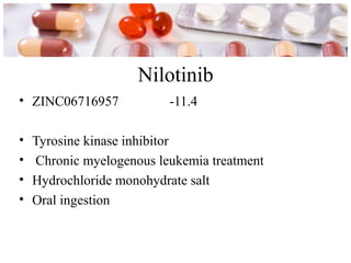 Nilotinib
• ZINC06716957 -11.4
• Tyrosine kinase inhibitor
• Chronic myelogenous leukemia treatment
• Hydrochloride monohy...