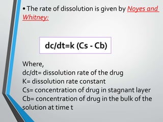 •The rate of dissolution is given by Noyes and
Whitney:
dc/dt=k (Cs - Cb)
Where,
dc/dt= dissolution rate of the drug
K= dissolution rate constant
Cs= concentration of drug in stagnant layer
Cb= concentration of drug in the bulk of the
solution at time t
dc/dt=k (Cs - Cb)
 