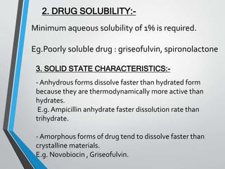 2. DRUG SOLUBILITY:-
Minimum aqueous solubility of 1% is required.
Eg.Poorly soluble drug : griseofulvin, spironolactone
- Anhydrous forms dissolve faster than hydrated form
because they are thermodynamically more active than
hydrates.
E.g. Ampicillin anhydrate faster dissolution rate than
trihydrate.
- Amorphous forms of drug tend to dissolve faster than
crystalline materials.
E.g. Novobiocin , Griseofulvin.
3. SOLID STATE CHARACTERISTICS:-
 
