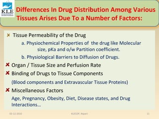 Differences In Drug Distribution Among Various 
Tissues Arises Due To a Number of Factors: 
Tissue Permeability of the Drug 
a. Physiochemical Properties of the drug like Molecular 
size, pKa and o/w Partition coefficient. 
b. Physiological Barriers to Diffusion of Drugs. 
Organ / Tissue Size and Perfusion Rate 
Binding of Drugs to Tissue Components 
(Blood components and Extravascular Tissue Proteins) 
Miscellaneous Factors 
Age, Pregnancy, Obesity, Diet, Disease states, and Drug 
Interactions… 
02-12-2010 KLECOP, Nipani 11 
 