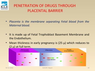 PENETRATION OF DRUGS THROUGH 
PLACENTAL BARRIER 
• Placenta is the membrane separating Fetal blood from the 
Maternal blood. 
• It is made up of Fetal Trophoblast Basement Membrane and 
the Endothelium. 
• Mean thickness in early pregnancy is (25 μ) which reduces to 
(2 μ) at full term. 
02-12-2010 KLECOP, Nipani 19 
 