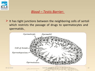 Blood – Testis Barrier: 
 It has tight junctions between the neighboring cells of sertoli 
which restricts the passage of drugs to spermatocytes and 
spermatids. 
02-12-2010 KLECOP, Nipani 22 
 
