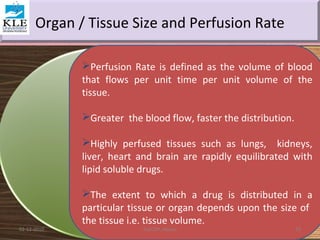 Organ / Tissue Size and Perfusion Rate 
Perfusion Rate is defined as the volume of blood 
that flows per unit time per unit volume of the 
tissue. 
Greater the blood flow, faster the distribution. 
Highly perfused tissues such as lungs, kidneys, 
liver, heart and brain are rapidly equilibrated with 
lipid soluble drugs. 
The extent to which a drug is distributed in a 
particular tissue or organ depends upon the size of 
the tissue i.e. tissue volume. 
02-12-2010 KLECOP, Nipani 23 
 